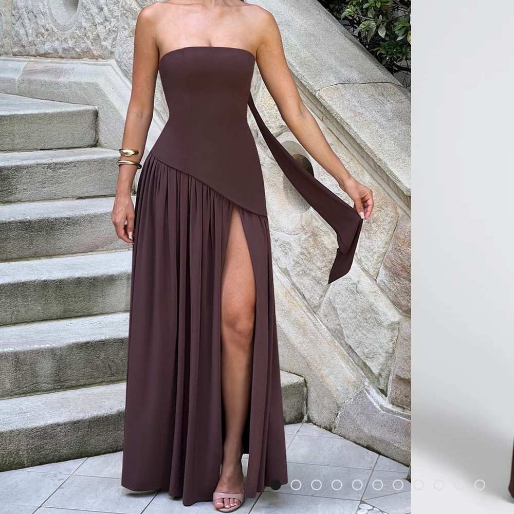 BabyBoo Brown Strapless Slit Gown for Wedding Guest